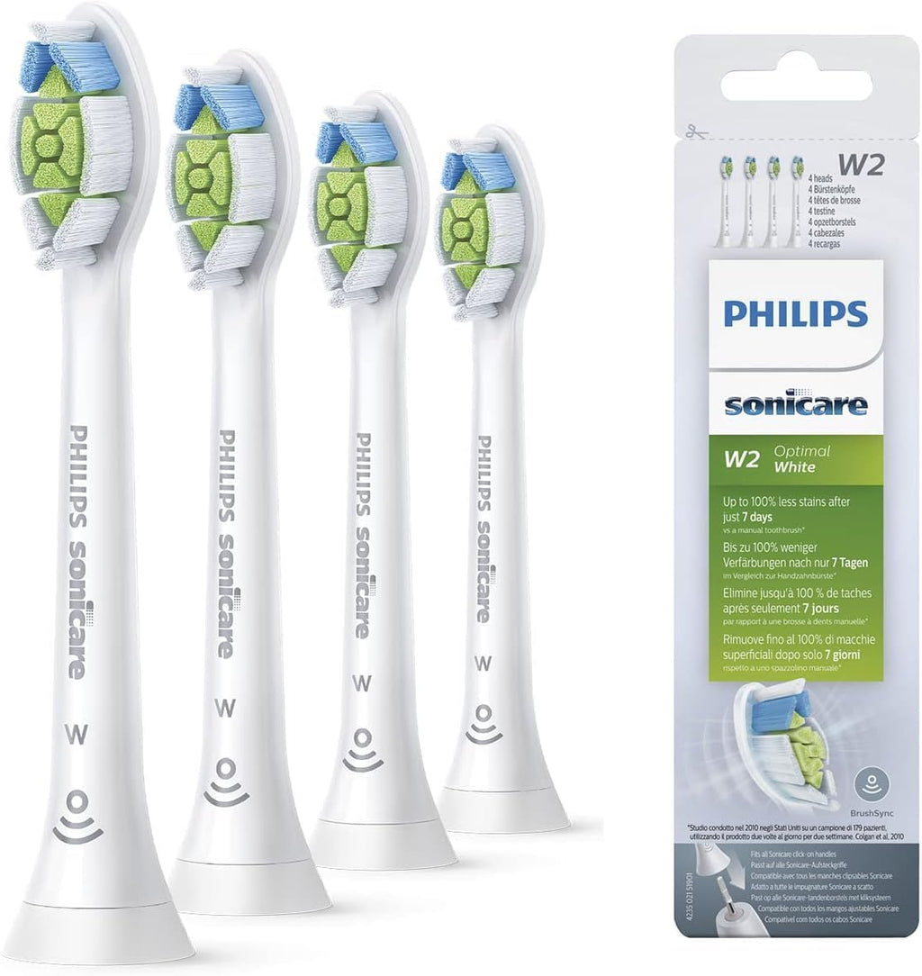 Philips Sonicare Original W2 Optimal White Replacement Toothbrush Heads, 4-Pack White, Standard Sonic Toothbrush Heads, Model HX6064/10 with BrushSync Technology
