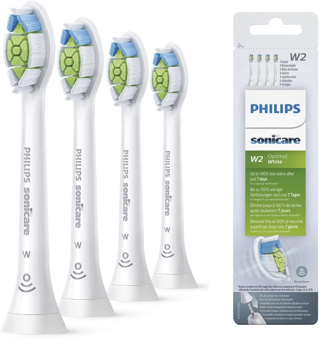 Philips Sonicare Original W2 Optimal White Replacement Toothbrush Heads, 4-Pack White, Standard Sonic Toothbrush Heads, Model HX6064/10 with BrushSync Technology