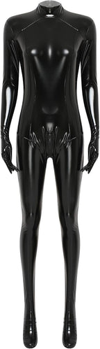 Hedmy Womens PU Leather Full-body Jumpsuit Gloved Sleeve Footed Zipper Openable Crotch Bodysuit
