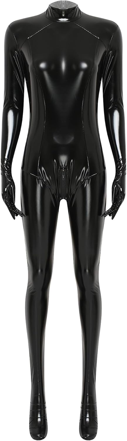 Hedmy Womens PU Leather Full-body Jumpsuit Gloved Sleeve Footed Zipper Openable Crotch Bodysuit