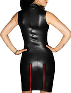 Women's Sleeveless Bodycon Mini Dress Black PU Matte Leather Stretchy Mini Dress with Sexy Red Zippers Turtleneck