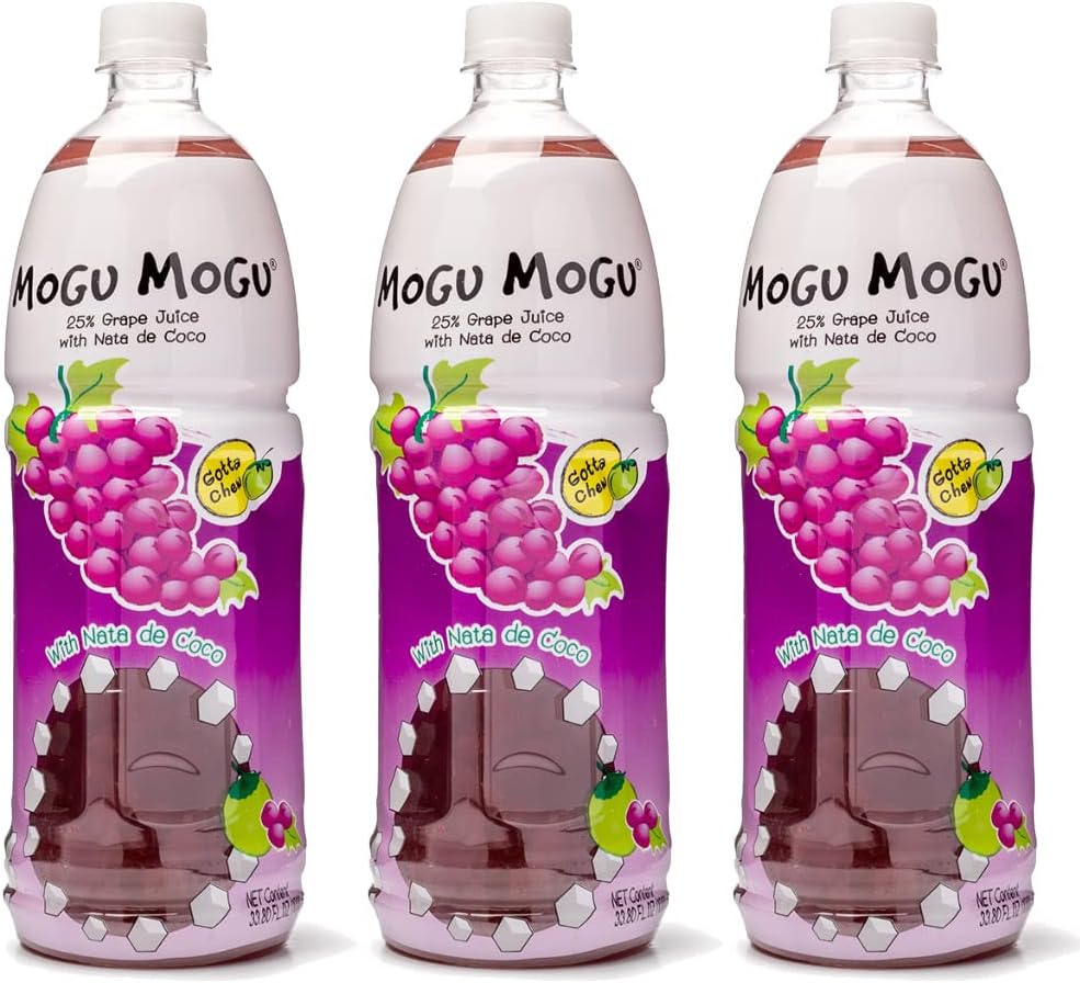 [Pack of 3] [Free Measuring Spoon] Mogu Mogu Juice with Nata De Coco - 33.8 Fl Oz Large Family Size (Grape), 320 ml
