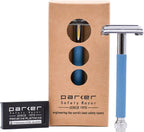 Parker 29L Blue, Long Handle Butterfly Open Double Edge Safety Razor for Men & Women, 5 Parker Premium Platinum Double Edge Razor Blades Included