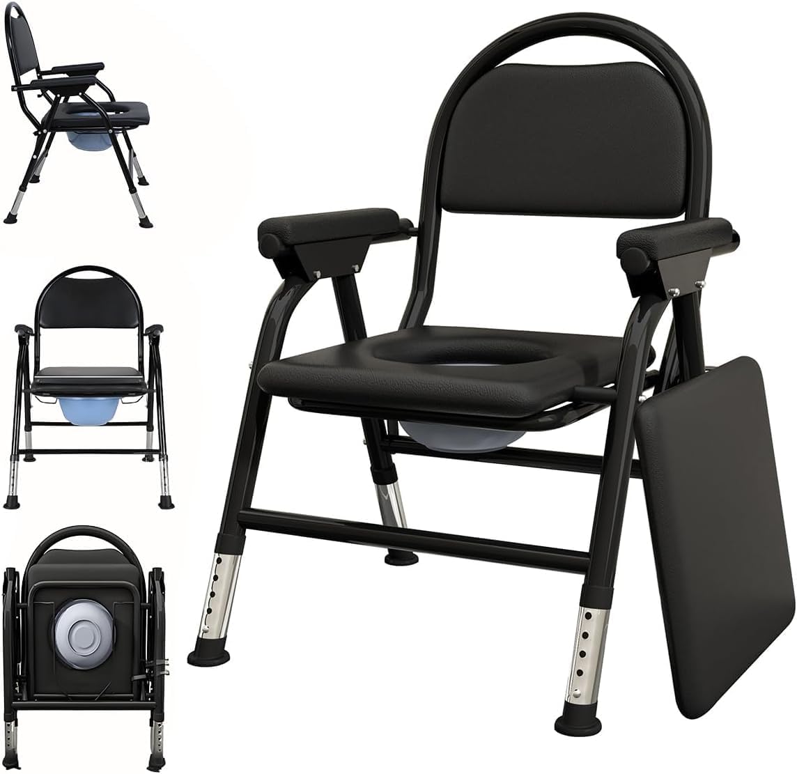 4 in 1 Folding Bedside Commode Chair for Elderly with Arms and Back,Adjustable Height Raised Toilet Seat with Handles,Adults Potty Chair for shower chair,Foldable and installation-free(Black)