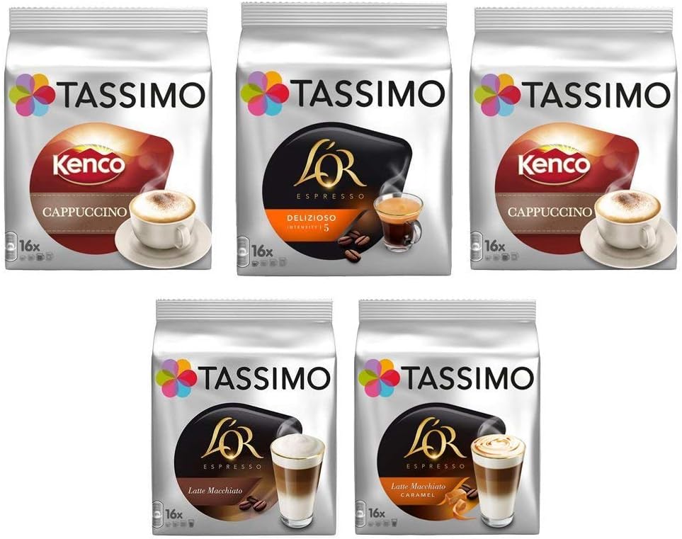Tassimo Variety Pack - L'Or Espresso Cappuccino/Caramel Latte Macchiato, Kenco Cappuccino - 5 Packs (48 Servings)