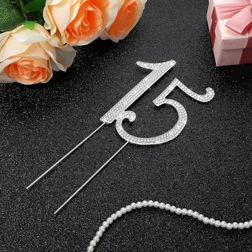 Mabor 15 Cake Topper, Crystal Happy Number 15th Birthday Cake Topper Rhinestones 15th Cake Topper Decoration Supplies for Birthday Party and Anniversary Party(Silver)