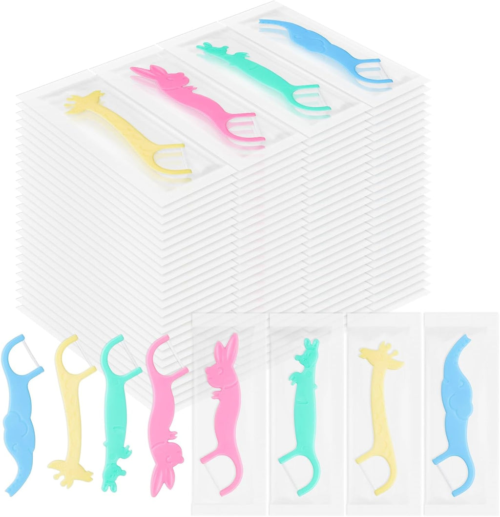 Kids Floss Individually Wrapped Kids Dental Floss Picks 4 Cute Animal Shapes Fun Flossers Helps Prevent Tooth Decay & Gum Diseas for Family, Travel, and picnics 4 Colors (100)