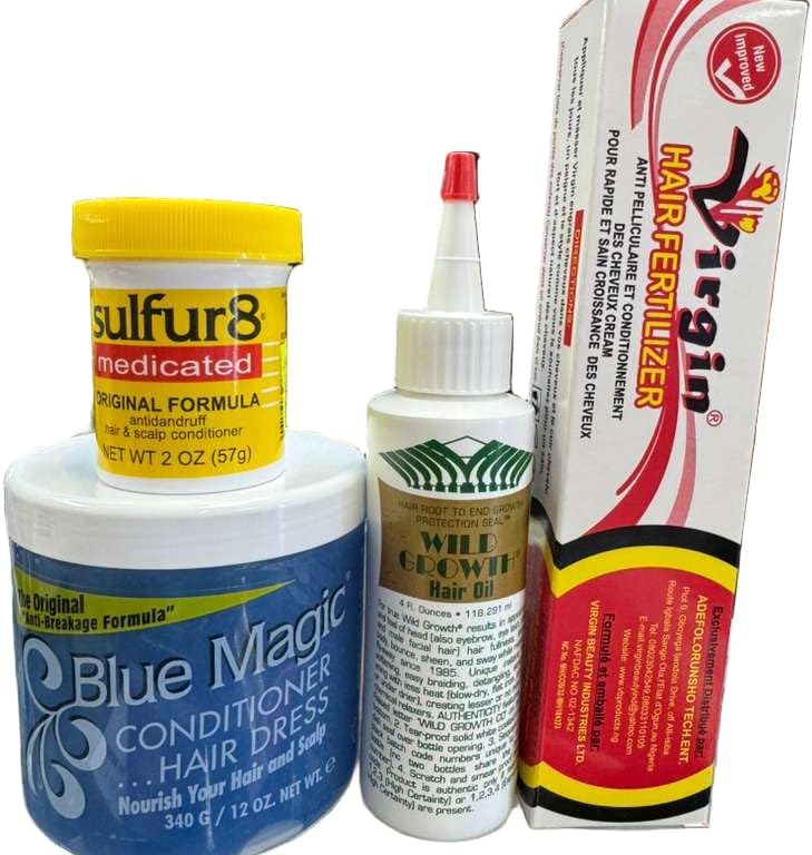 Hair Growth Bundle Pack of 4 – Virgin Hair Fertilizer, Sulfur 8 Medicated Anti-Dandruff, Blue Magic Hair Grease, Wild Growth Hair Oil – Rapid Growth & Healthy Scalp Care Set