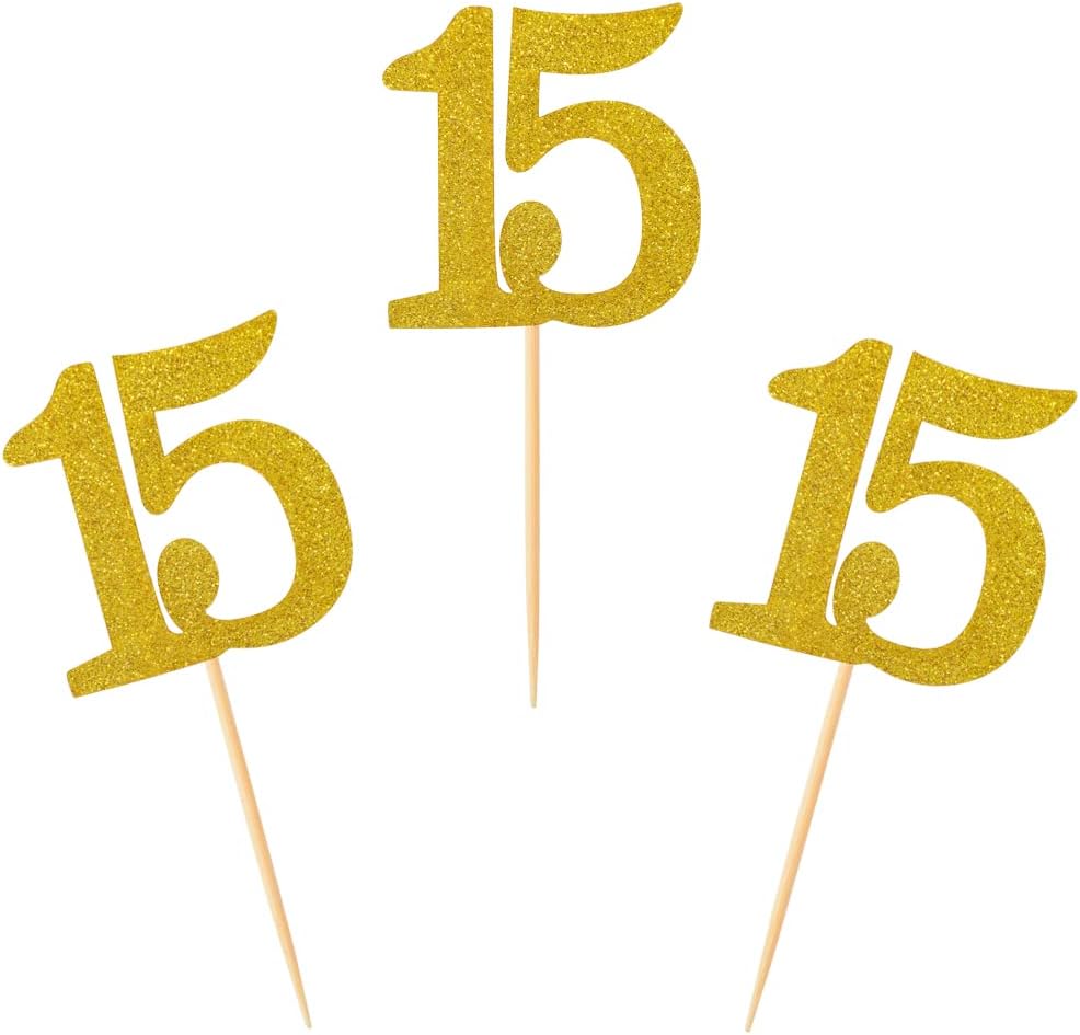 50pcs 15th Cupcake Toppers Gold Glitter Number 15 Cake Picks for Birthday Anniversary Party Decoration