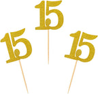 50pcs 15th Cupcake Toppers Gold Glitter Number 15 Cake Picks for Birthday Anniversary Party Decoration