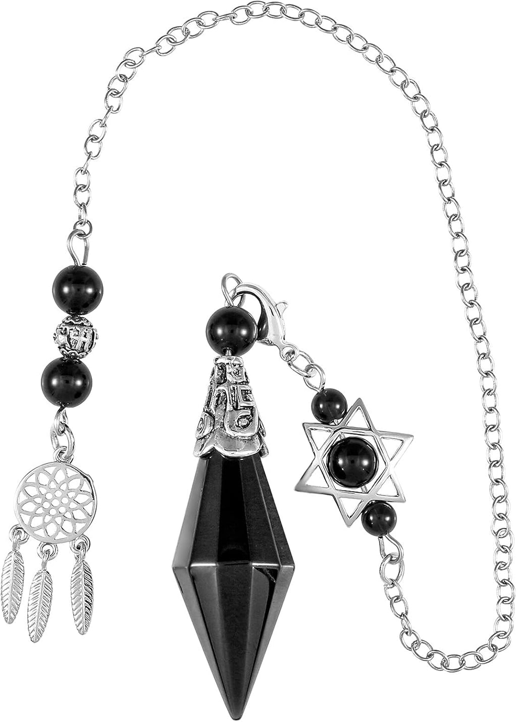 TUMBEELLUWA Reiki Healing Crystal Point Pendulum Dowsing Divination, Reiki Meditation Faceted Stone Pendant with Dream Catcher and Merkaba Star Chain, Black Obsidian