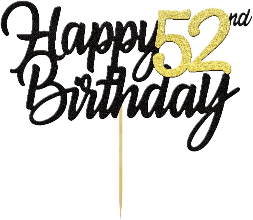 Happy 52nd Birthday Cake Toppers Glitter 52nd Anniversary Cake Topper 52 Years Loved Bday Decorations 52 Gold Birthday Cake Decorations Fifty-two Party Supplies for Women Men(Black Gold)