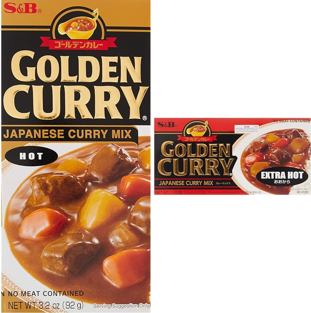S&B Golden Curry Sauce Mix Bundle - Hot 3.2 oz and Extra Hot 7.8 oz Japanese Curry Mix