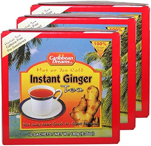 Caribbean Dreams Instant Ginger Tea, Sweetened, 18g (Pack of 3) - Total 30 Tea Bags