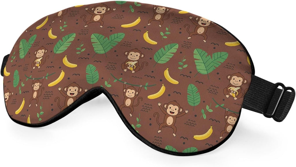 Cute Monkey Silk Sleep Mask, Adjustable Elastic Strap, Yellow, Animal Banana Palm Leaf Pattern, Soft Eye Shade Cover for Men Women Boy Girl Airplane Travel