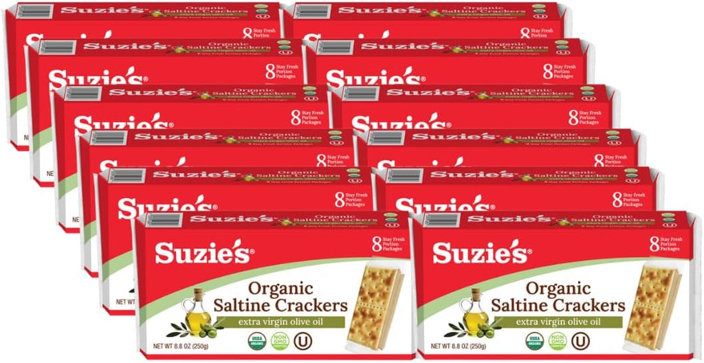 Suzie's Organic Saltines Crackers|Salted w/Extra Virgin Olive Oil|Low Saturated Fat|Healthy Gourmet Baked Vegan Snack for Adults & Children| 12 Packs (96 individual Stay Fresh Packs) - 8.8oz Each