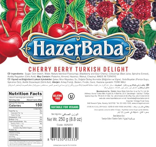 Hazer Baba Turkish Delight Candy, Blackberry & Sour Cherry Flavored, 8.8oz (Pack of 1), Gourmet Snack Box, Traditional, Vegan Snack, Turkish Lokum, Sweets, Loukumi, Delicias Turcas, Halal, Kosher