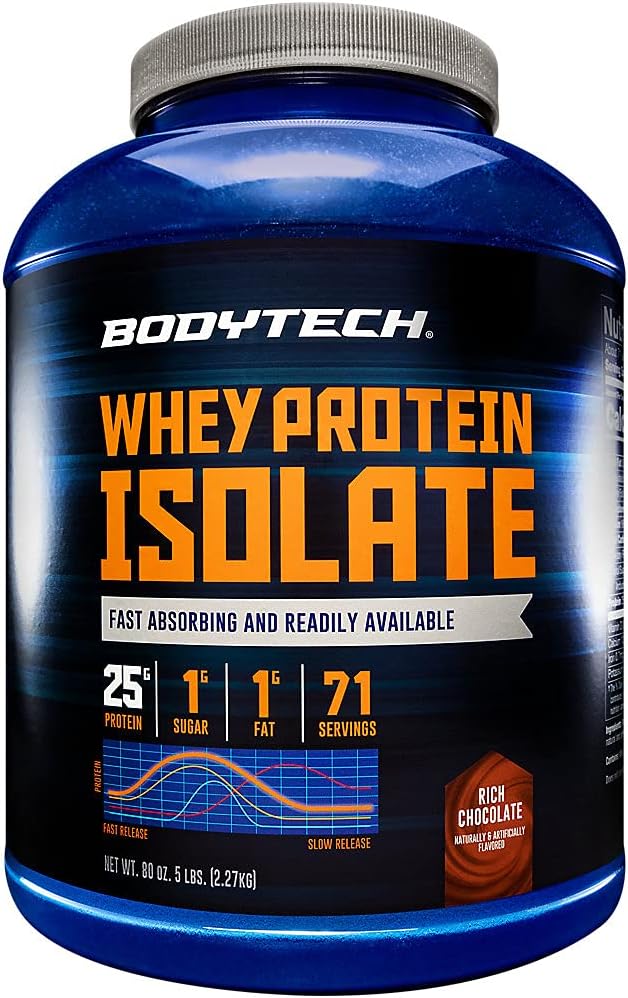 BodyTech Whey Protein Isolate Powder, Rich Chocolate Flavor, 25g Protein per Serving, High Concentrated Protein Powder with Amino Acids & BCAAs for Men and Women, Gluten Free, 5 lb, 71 Servings