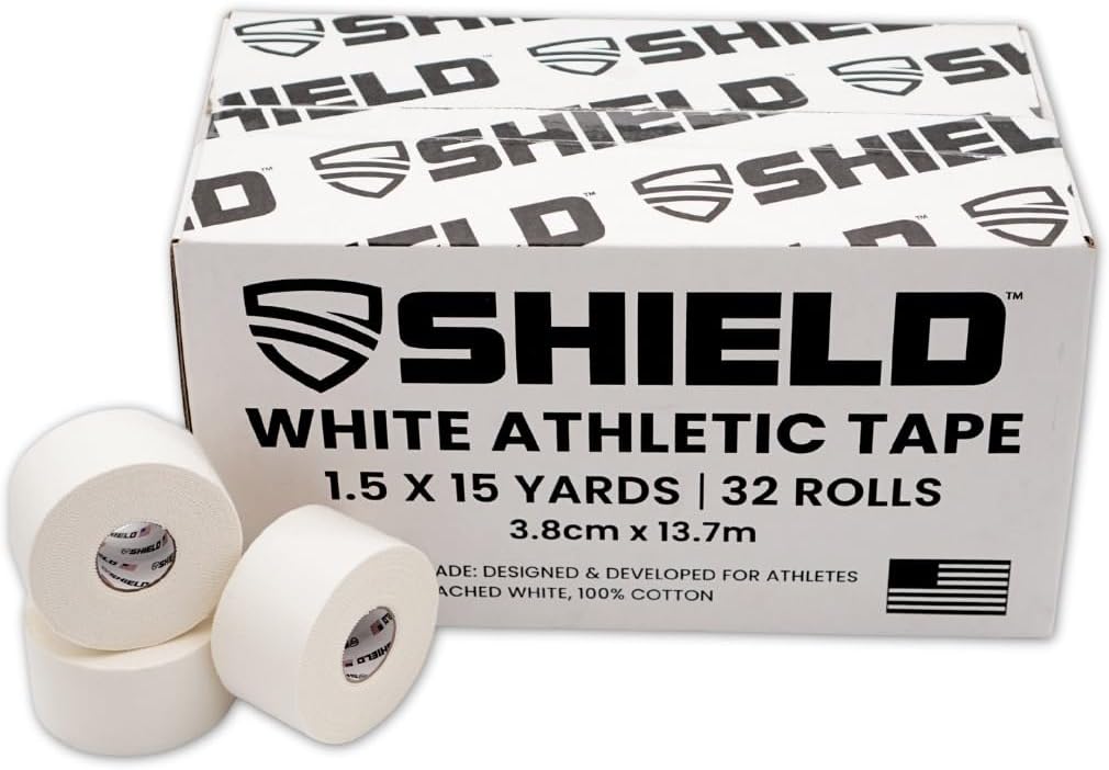 SHIELD Athletic Tape - 32-Roll Bulk Pack - Made in USA, Comfortable, Easy Tear, Strong Hold, No Residue. Pro-Grade for Trainers, Gyms, Schools, Athletes - 1.5 in x 15 yd (White)