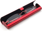 Newbee Fashion-Portable Compact Reading Glasses in Aluminum Case Metal Rectangle Rimless Reading Glasses Super Lightweight Reader Slim Design Comfort Fit Red 1.75