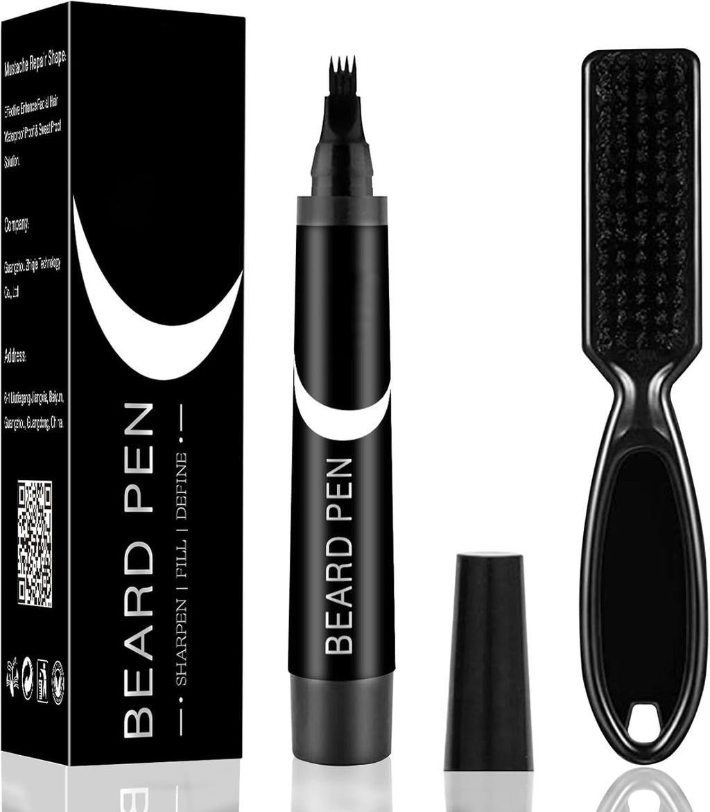 Beard Pencil Filler for Men, Waterproof High Coverage Beard Pen Kit with Beard Brush,Sweatproof Long Lasting Mustache Eyebrows Repair Pen with 4 Micro-Fork Tips（Black）
