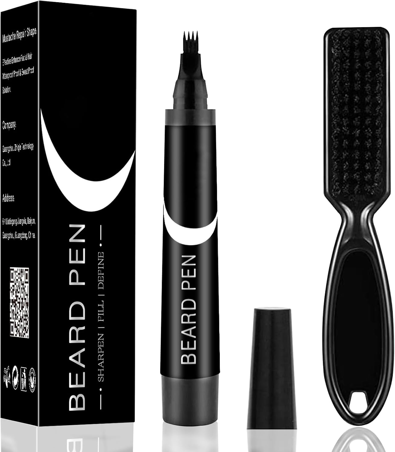 Beard Pencil Filler for Men, Waterproof High Coverage Beard Pen Kit with Beard Brush,Sweatproof Long Lasting Mustache Eyebrows Repair Pen with 4 Micro-Fork Tips（Black）