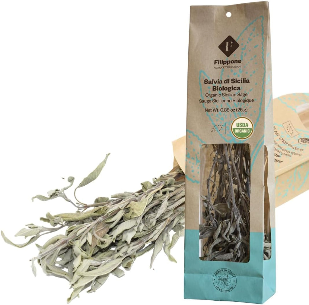 FILIPPONE - Organic Dried Sage, 25 g (0.88 oz) Dried, Fragrant Italian Salvia Branch, Certified USDA Organic, Relaxation, Aromatherapy, and Crafts