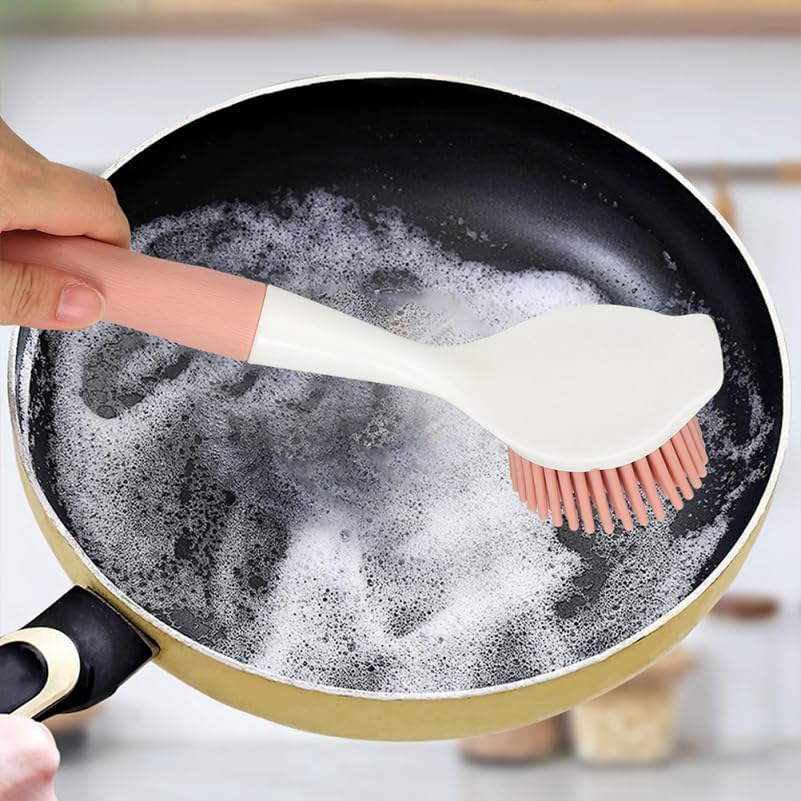 2 PCS Silicone Dishwashing Brush, Non-Stick Pot Scrubber with Long Handle, Durable Scrub Brushes for Cleaning Dishes, Cast Iron Pans, Sinks and Kitchen Cookware, Heat Resistant Cleaning Tool