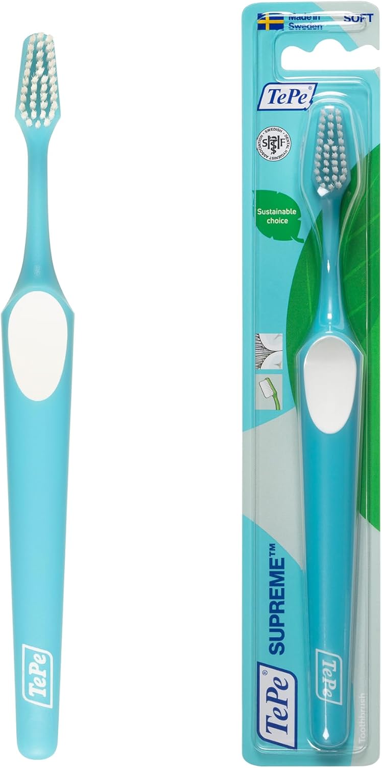 TePe Supreme Toothbrush, Soft Bristle Toothbrush, Tapered Brush Head for Sensitive Teeth and Gum Care, Adult, 1 Pack