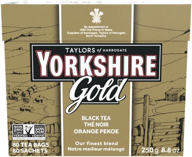 Yorkshire Tea, Gold, Pillow Tea Bags, 80 Count (Pack of 1), Premium Blend, Rich, Smooth, and Satisfying, Classic British Breakfast Blend, Caffeinated, Enjoy Hot or Iced, 80 Teabags