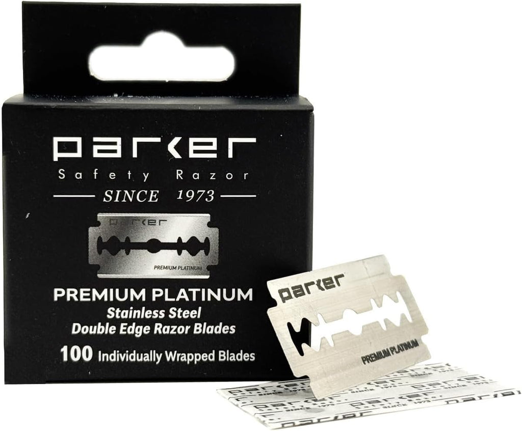 Parker Premium Platinum Double Edge Safety Razor Blades - 100 Count Salon Pack | Swedish Steel, Platinum-Tungsten-Chromium Coated | Smooth, Comfortable Shave | For Barbershop & Home Use