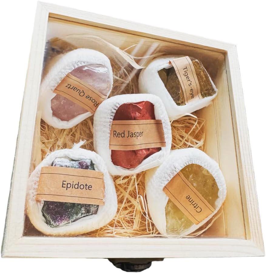 Natural Crystal Raw Stone Ore Specimen Set Wooden Box, Science Teaching Mineral Rock Set, a Very Good Christmas or New Year Gifts for Friends, Classmates or Sons and Daughters