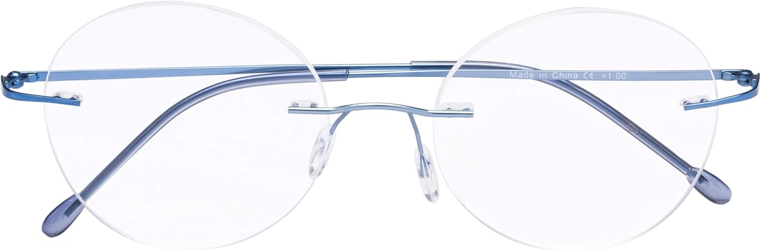 CessBlu Rimless Reading Glasses Round Readers for Men Women (Blue) +3.5