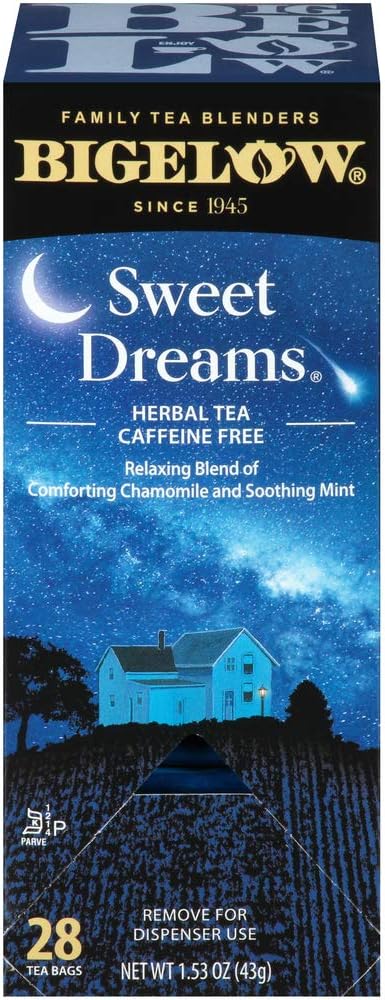 Bigelow Sweet Dreams Herbal Tea 28-Count Box (Pack of 1) Relaxing Blend of Chamomile & Mint Caffeine-Free Nighttime Herbal Tea in Individual Foil-Wrapped Bags
