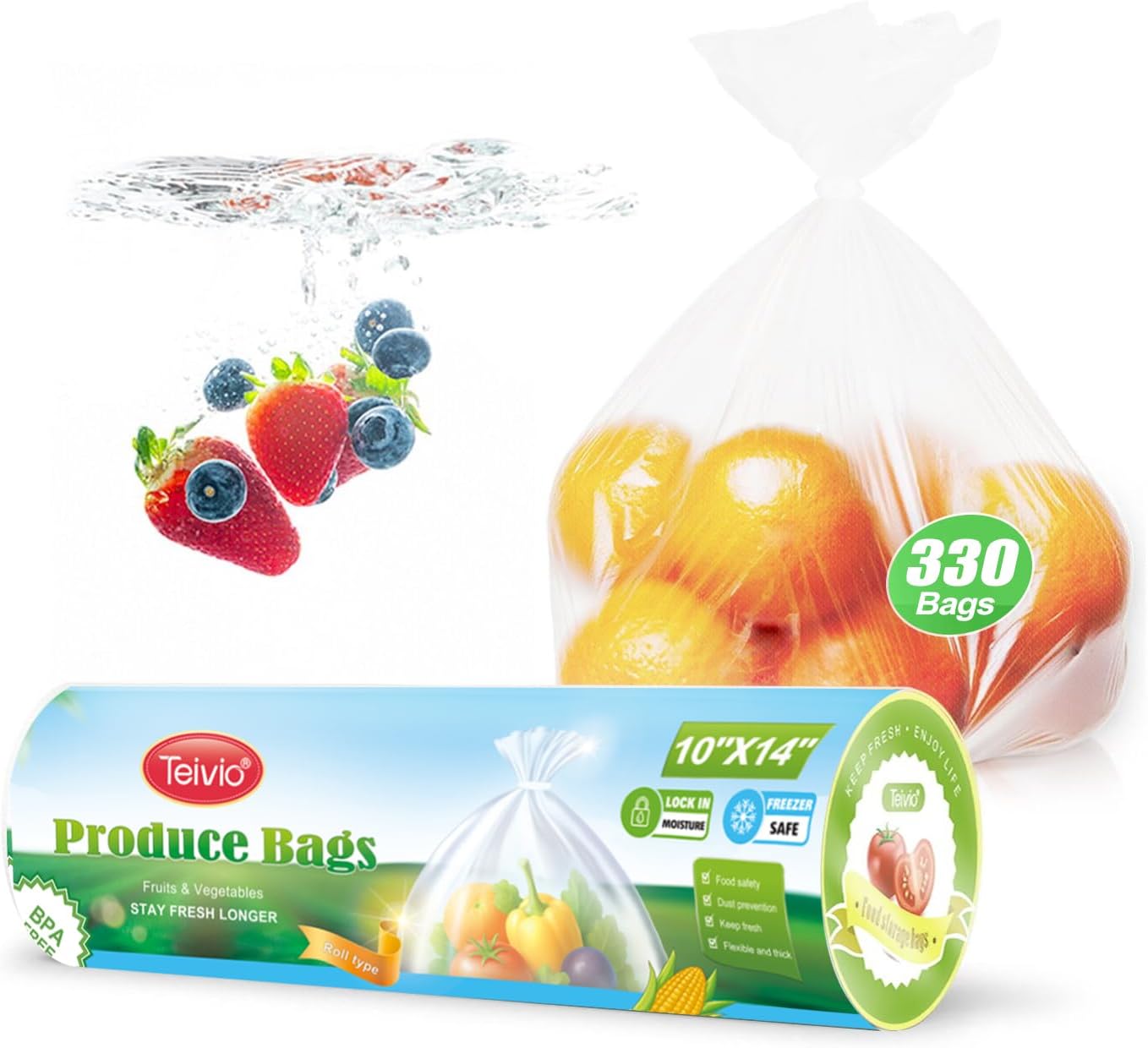 Teivio 330 Count 10" x 14" Plastic Produce Bags on A Roll, Clear Kitchen Disposable Plastic Storage Bags for Bread Fruit Vegetable