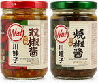 [Pack of 2] Authentic Chinese Sichuan Flavor Chili Sauce Combo – "Roasted Garlic Green + Red & Green Pepper Blend" Perfect for Rice, Noodles, Stir-Fry, or Dipping | Bold, Savory, Ready to Use 双椒酱+烧椒酱 - 8 Oz Jar