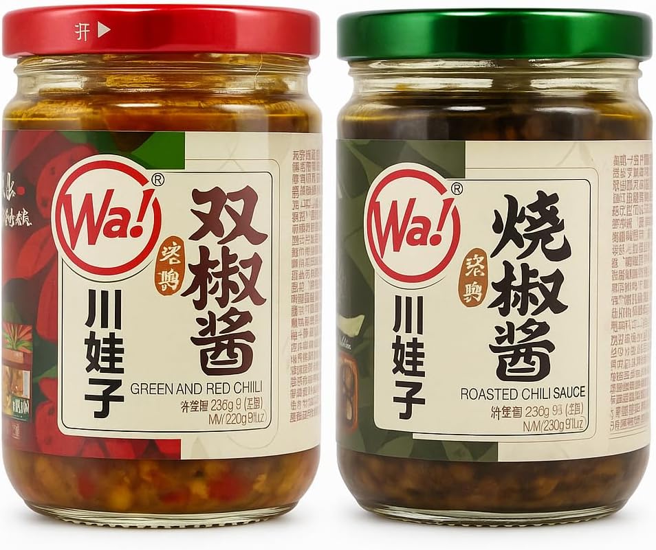 [Pack of 2] Authentic Chinese Sichuan Flavor Chili Sauce Combo – "Roasted Garlic Green + Red & Green Pepper Blend" Perfect for Rice, Noodles, Stir-Fry, or Dipping | Bold, Savory, Ready to Use 双椒酱+烧椒酱 - 8 Oz Jar