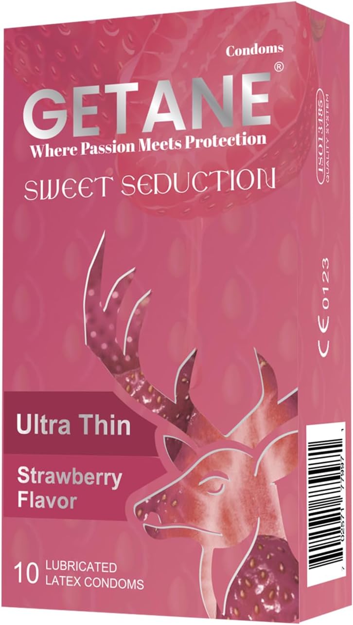 Strawberry Flavored Lubricated Condoms, Comfortable and Intensified Lubricant Condoms for Men, Premium Natural Latex, 10 Count Pack