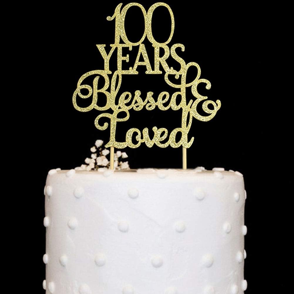 100 Years Blessed & Loved Cake Topper for 100th Birthday, Wedding Anniversary Party Decorations Gold Glitter