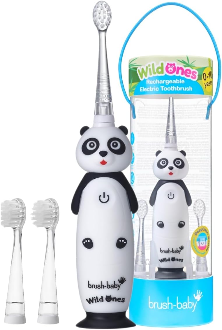 BrushBaby - WildOnes - Kids Rechargeable Electric Toothbrush, Ages 0-10 - Panda Design with Flashing Lights - DeepClean Bristles for Superior Cleaning - 2 Replacement Brush Heads, 1 USB Cable