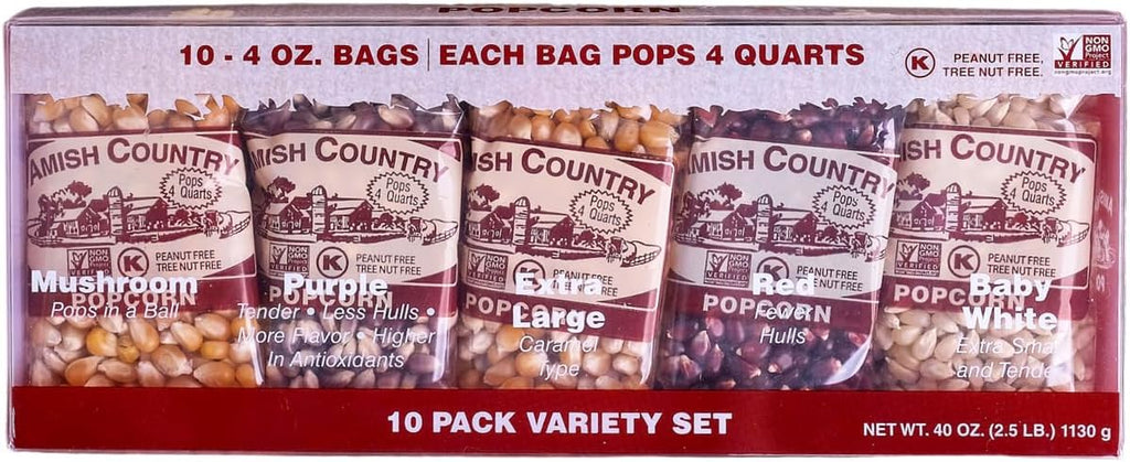 Amish Country Popcorn | 4 Ounce Variety Kernel Gift Set (10 Pack Assorted) | Old Fashioned, Non-GMO and Gluten Free (4oz Each, 10ct Total)