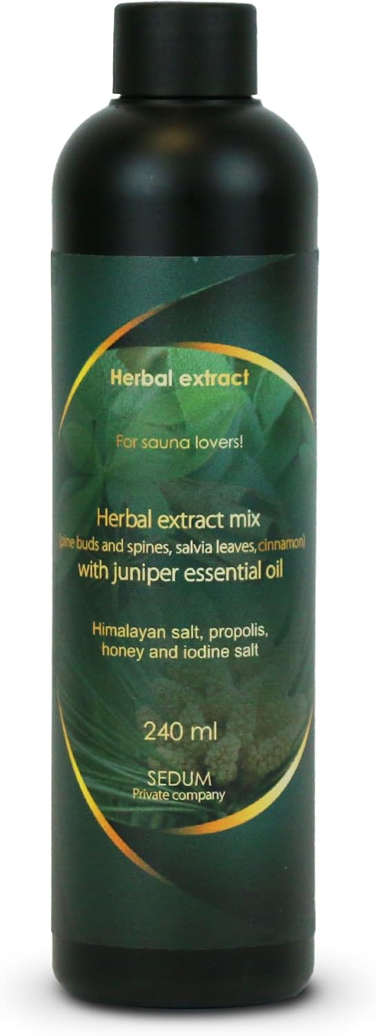 Sedum Natural Herbal Extract for Sauna, Massage, Broom Soaking - Herbal Sauna Extract Mix (Pine Buds and spines, salvia Leaves, Cinnamon) with Juniper Essential Oil, Honey and Iodine Salt - 240ml