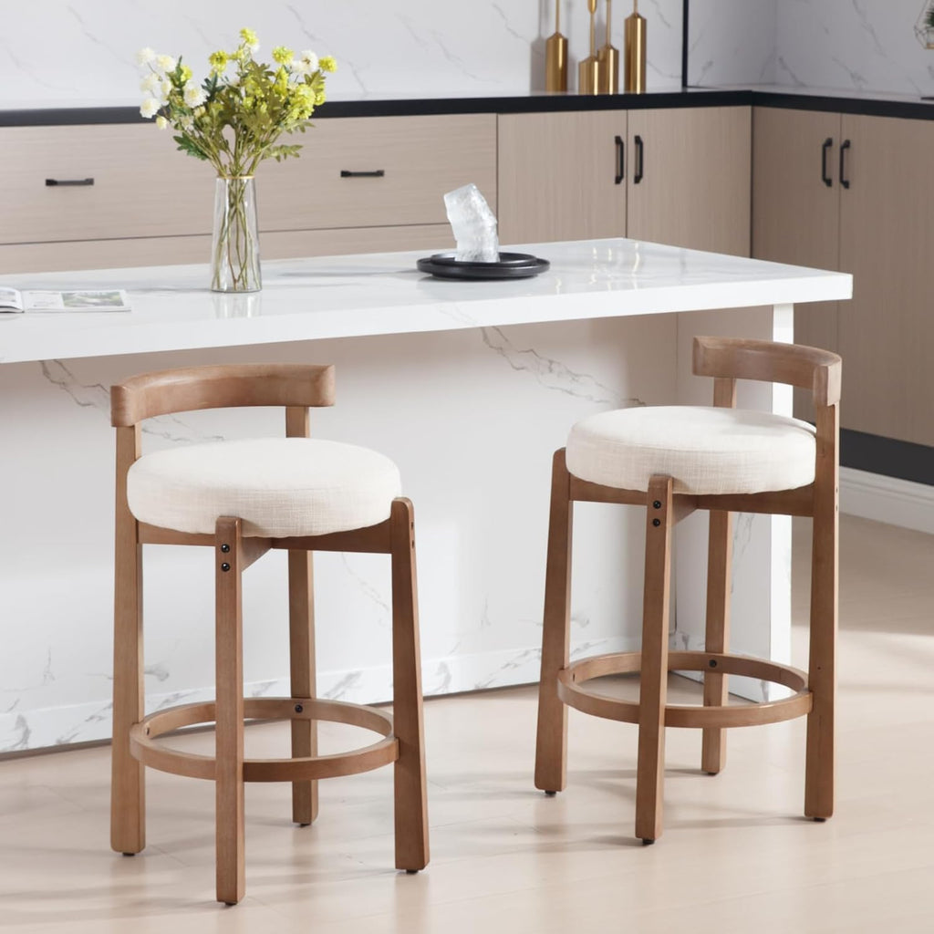 Ya-Home Mid-Century Bar Stools Set of 2, 26.5 Inch Linen Counter Height Upholstered Barstools Bar Chairs with Solid Wooden Legs for Kitchen Island Dining Room, Beige