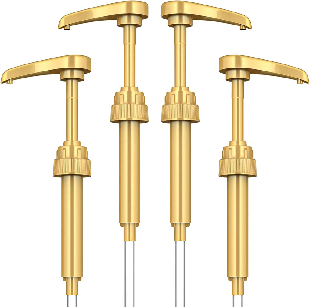 Coffee Syrup Pump Dispenser, 4 Packs of Syrup Pump for 750ml/25.4 oz Syrup Bottle, Gold Pumps for Coffee Syrup Bottle, works with Torani, DaVinci, Jordans Skinny 750ml Syrups Bottles (Gold)