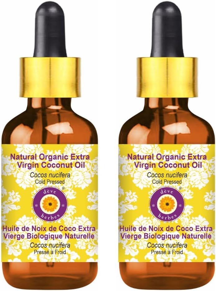 dève herbes Natural Organic Extra Virgin Coconut Oil (Cocos nucifera) with Glass Dropper Cold Pressed (Pack of two) 100ml X 2 (6.76 oz)