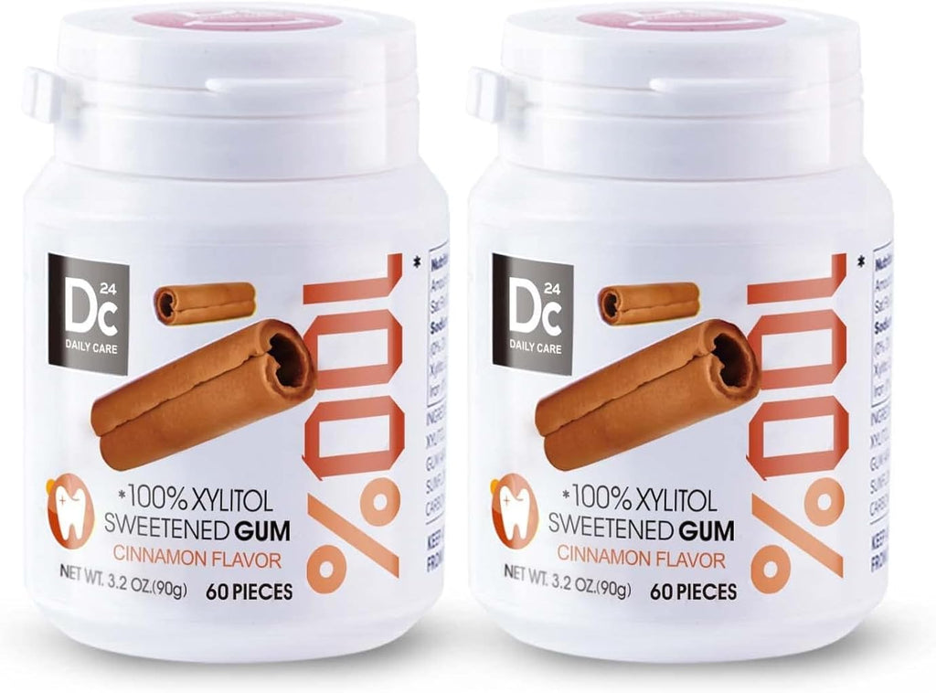 DC24 DAILY CARE 100% Xylitol Gum, No Aspartame, Sugar Free Chewing Gum, Natural Cinnamon Flavor, Gluten Free, Vegan, 60 Pieces, Pack of 2