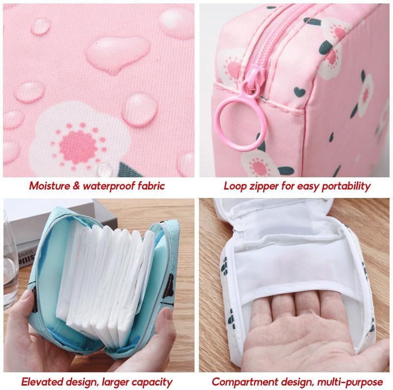 1PC Sanitary Napkin Storage Bags, Reusable Tampon Organizer Pouch With Zipper, Portable Sanitary Bags for Feminine Products, Washable Multi-Function Travel Storage Pouch (Pink Flowers)