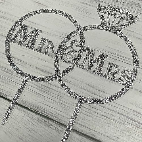 JIEEIN Mr and Mrs Cake Topper,Bride and Groom Sign Wedding,Engagement Cake Toppers Decorations,Silver Glitter Acrylic
