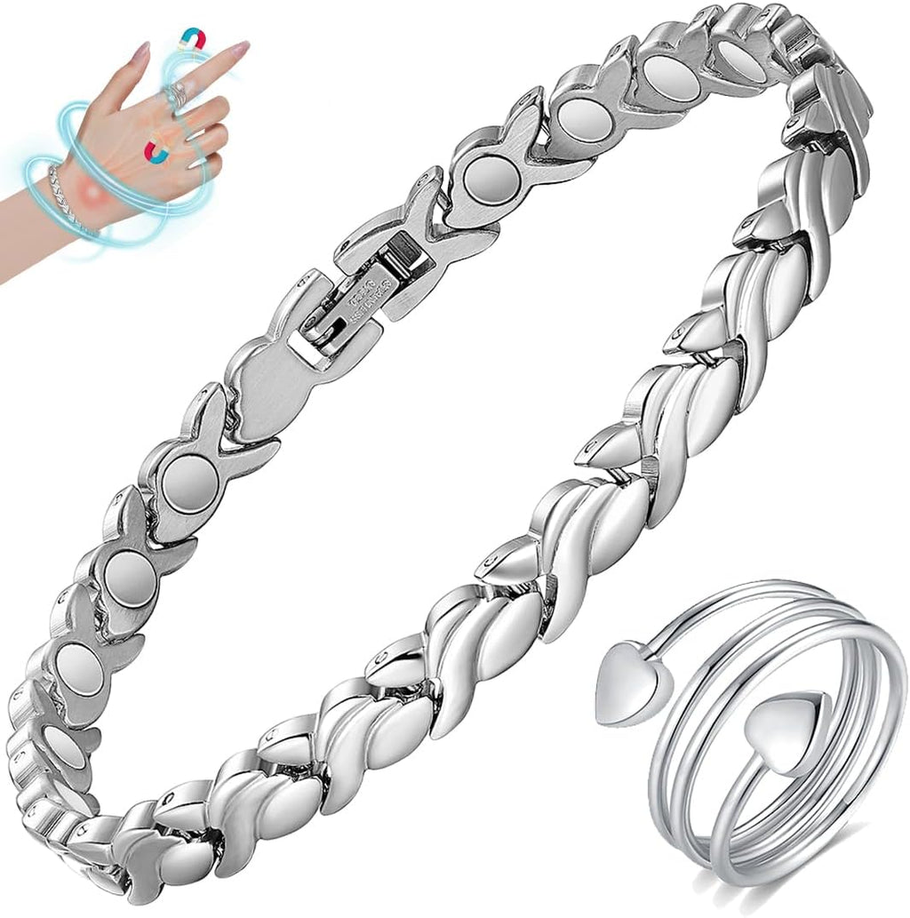 Magnetic Bracelet for Women Titanium Steel Bracelet & Copper Ring with Strength Magnets Waterproof Adjustable Tool (Fishtail)