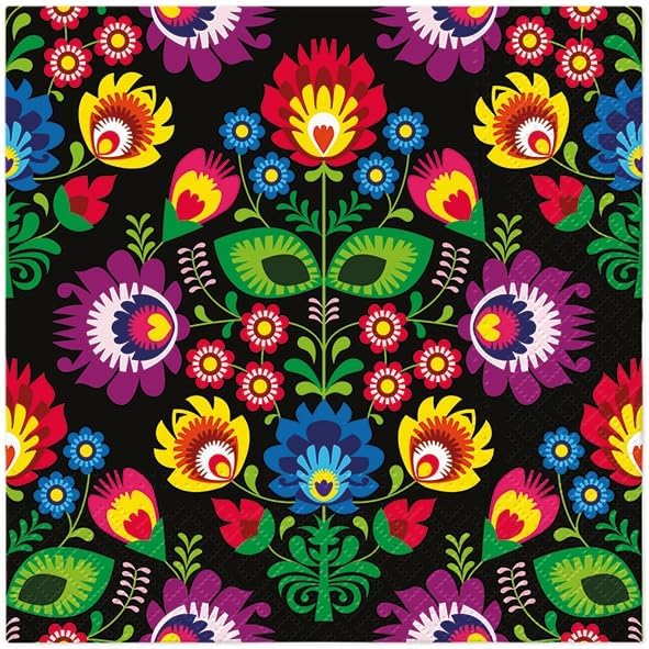 AM Décor - 20 Count Soft 3-Ply Tissue Decoupage Luncheon Paper Napkins -13" x 13" (Unfolded) Polish Folk Black